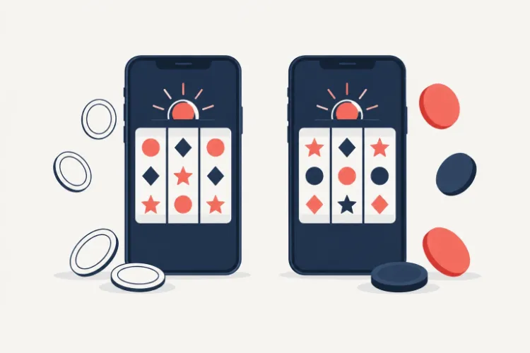 Două telefoane cu același joc de slot: unul pentru modul demo, altul pentru jocul pe bani reali